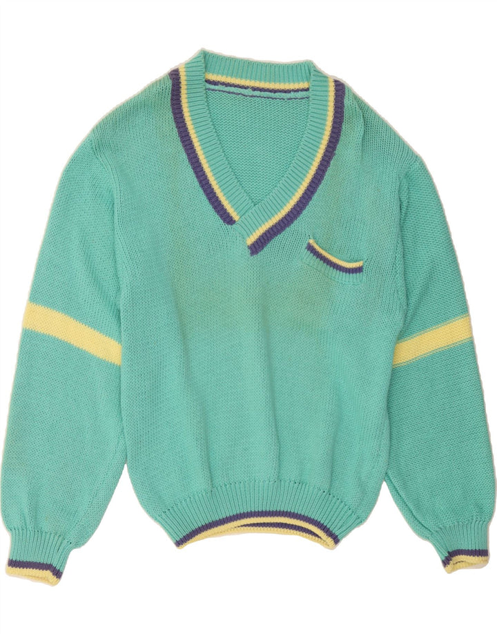 VINTAGE Womens V-Neck Jumper Sweater IT 44 Medium Green Cotton Vintage Vintage and Second-Hand Vintage from Messina Hembry 