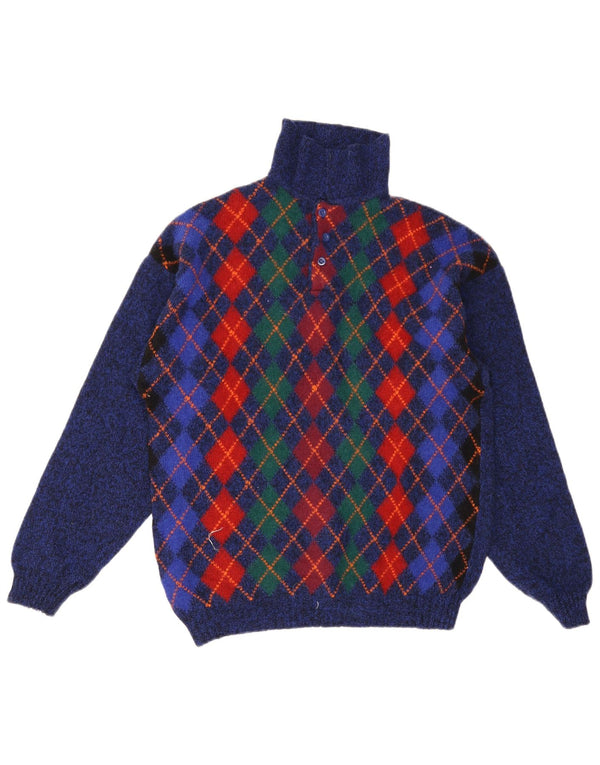 Ανδρικό πουλόβερ Benetton Polo Neck Jumper IT 48 Small Blue Argyle/Diamond Wool