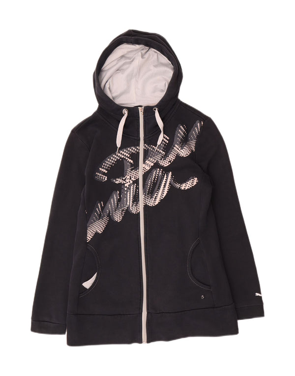 Puma Womens Graphic Zip Hoodie Sweater UK 14 Large Navy Blue Cotton