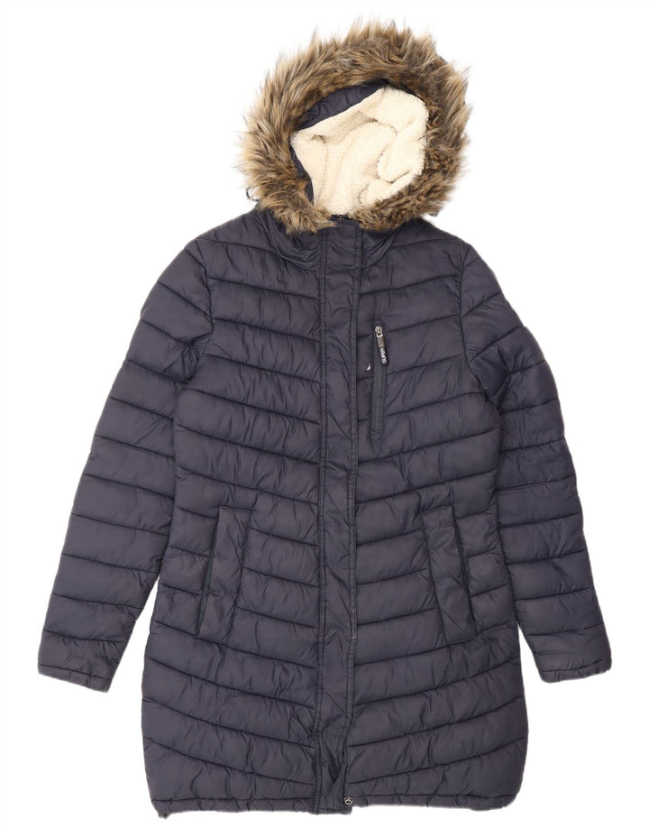 SUPERDRY Γυναικείο παλτό με κουκούλα UK 14 Medium Navy Blue Nylon