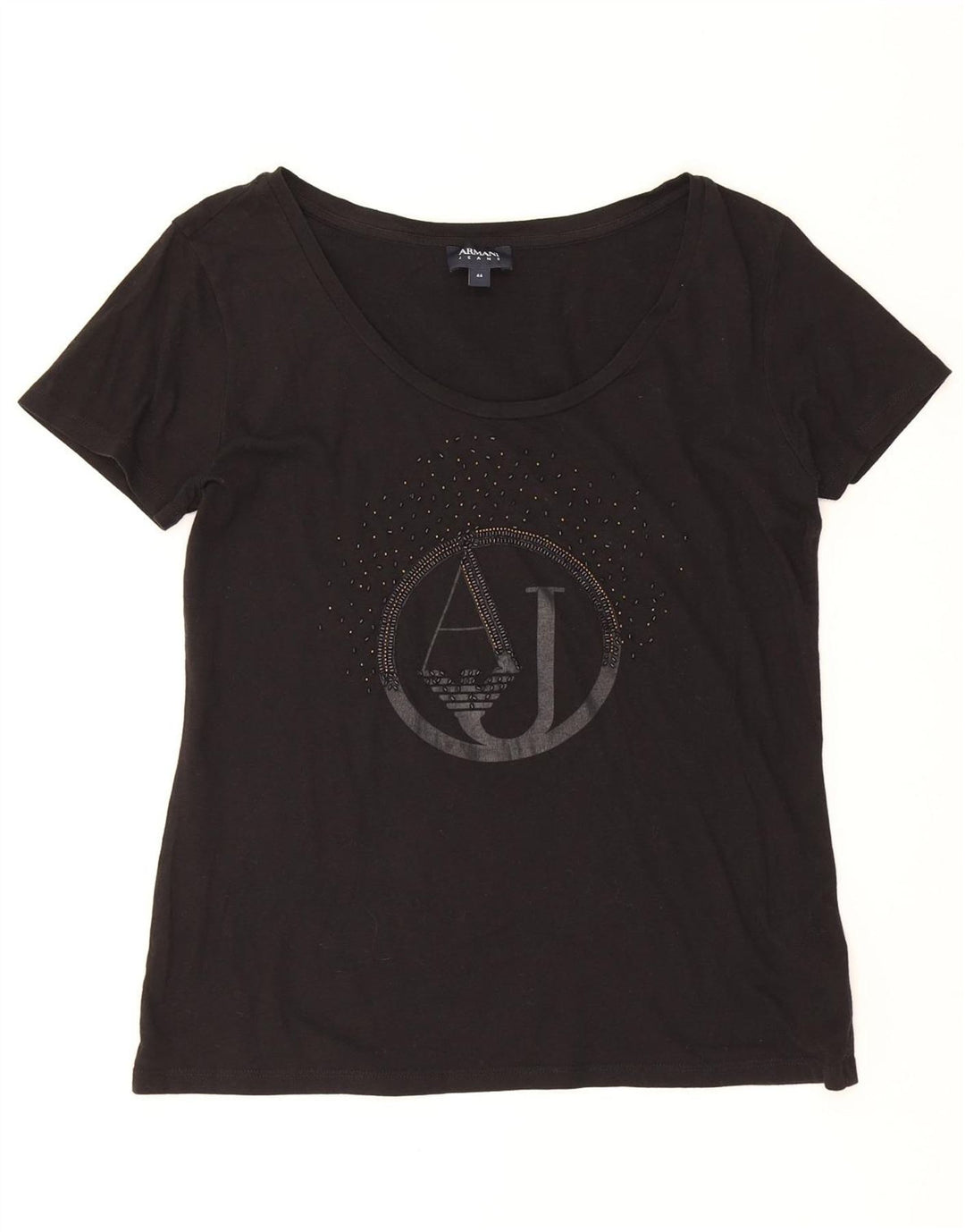 ARMANI JEANS Womens Graphic T-Shirt Top IT 44 Medium Black Cotton Vintage Armani Jeans and Second-Hand Armani Jeans from Messina Hembry 
