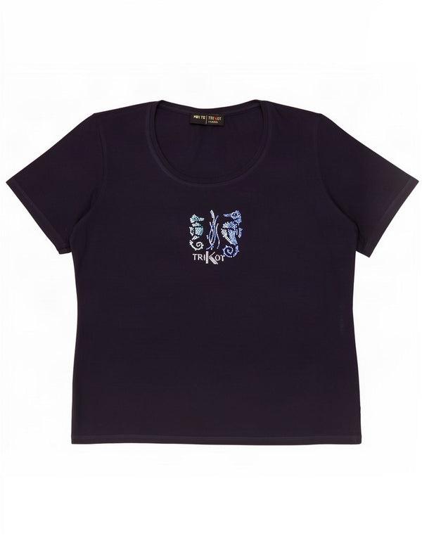 Perte by Krizia Womens Graphic T-Shirt Top UK 17 Large Navy Blue Viscose