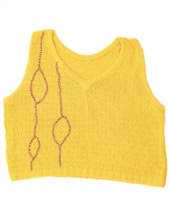 VINTAGE Γυναικείο Abstract Pattern Crop Tank Top UK 12 Medium Yellow
