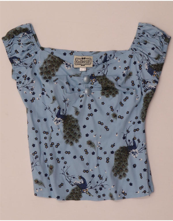 Collectif Γυναικεία Crop Μπλούζα Τοπ UK 14 Medium Blue Animal Print Βαμβακερό
