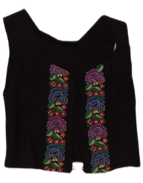 Vintage Γυναικεία Crop Αμάνικη Ζακέτα UK 8 Small Black Floral