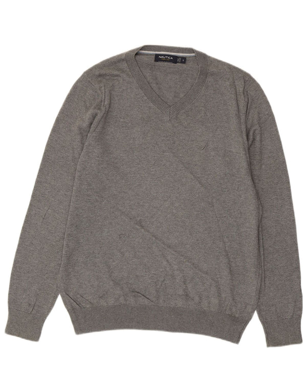NAUTICA Mens V-Neck Jumper Sweater Small Grey Cotton