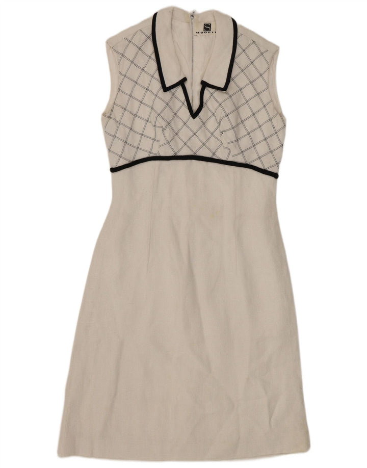 VINTAGE Γυναικείο Αμάνικο Φόρεμα A-Line UK 8 Small White Check