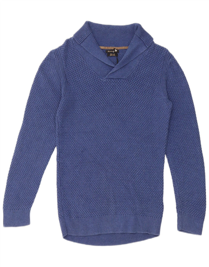 Ανδρικό πουλόβερ Massimo Dutti με σάλι λαιμόκοψη μικρό μπλε βαμβακερό