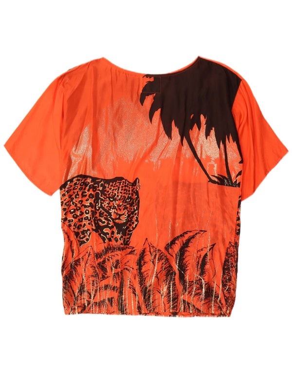 Vintage γυναικεία γραφική υπερμεγέθη μπλούζα Top UK 10 Small πορτοκαλί μετάξι