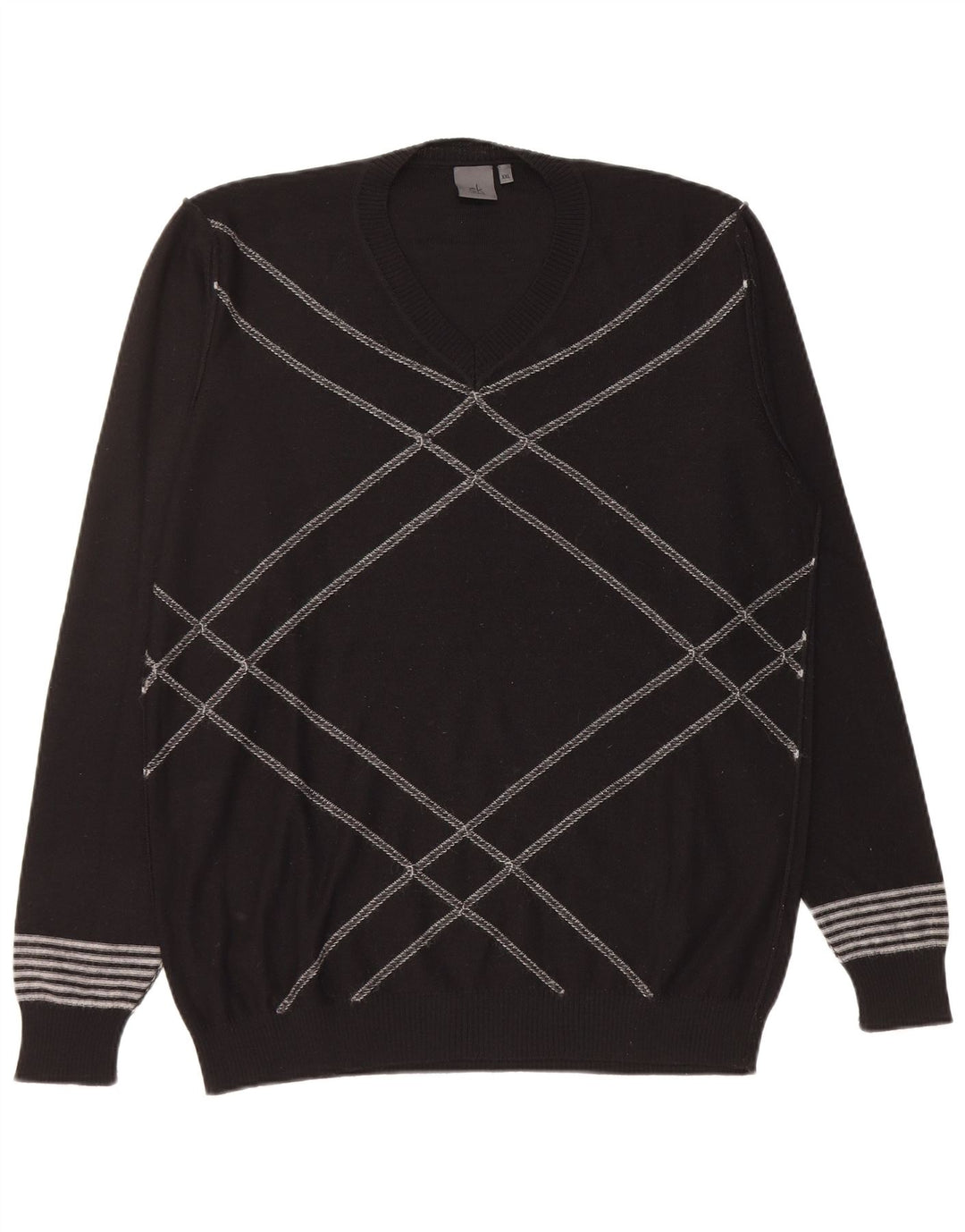 CALVIN KLEIN Mens V-Neck Jumper Sweater 2XL Black Geometric Wool