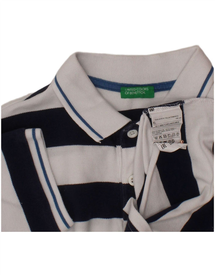 BENETTON Boys Polo Shirt 10-11 Years XL Navy Blue Striped Cotton