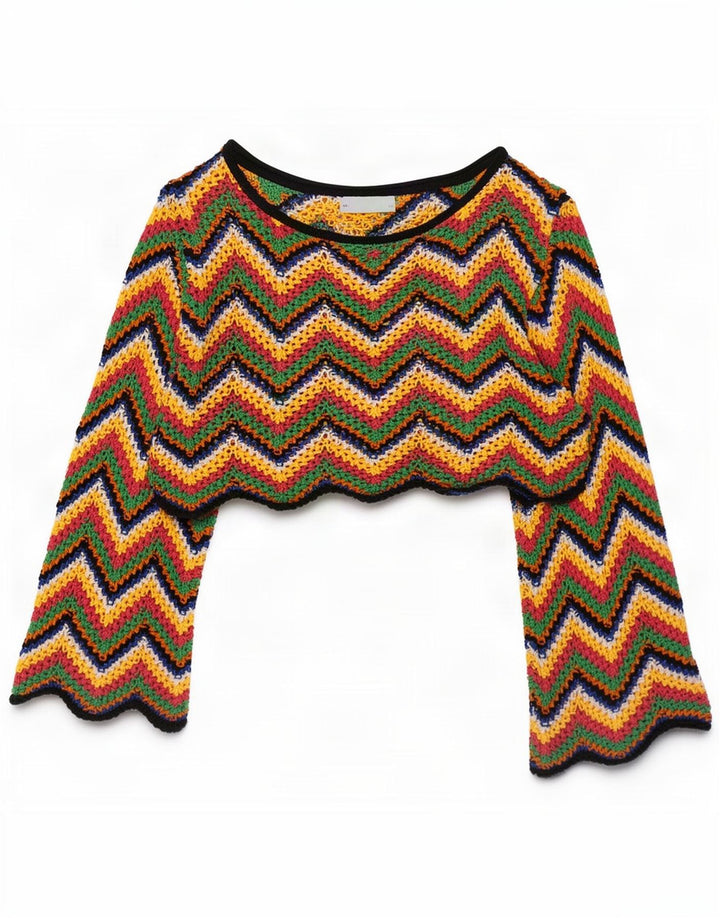 Zara Γυναικεία Μπλούζα Oversized Crop Top UK 10 Small Chevron πολύχρωμα