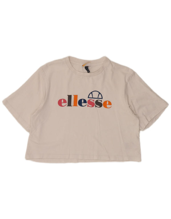ELLESSE Womens Crop Graphic T-Shirt Top UK 12 Medium White Cotton