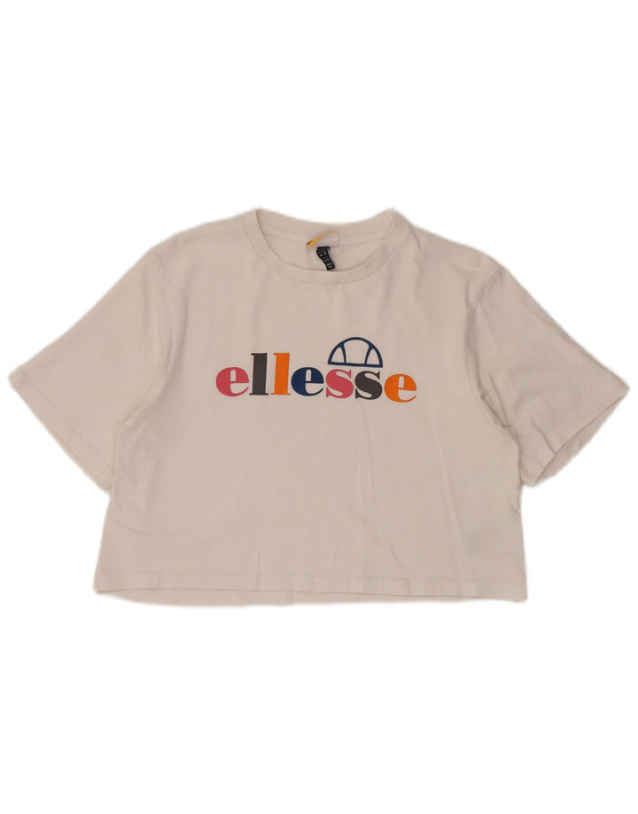 ELLESSE Γυναικείο Crop Graphic T-Shirt Top UK 12 μεσαίο λευκό βαμβακερό
