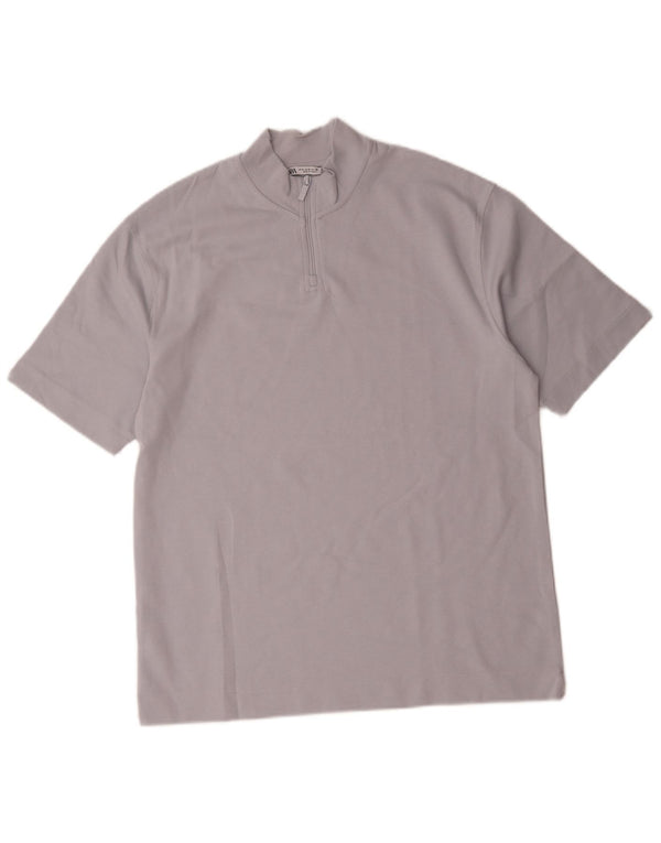 Zara Mens Zip Neck T-Shirt Top Medium Blue Cotton