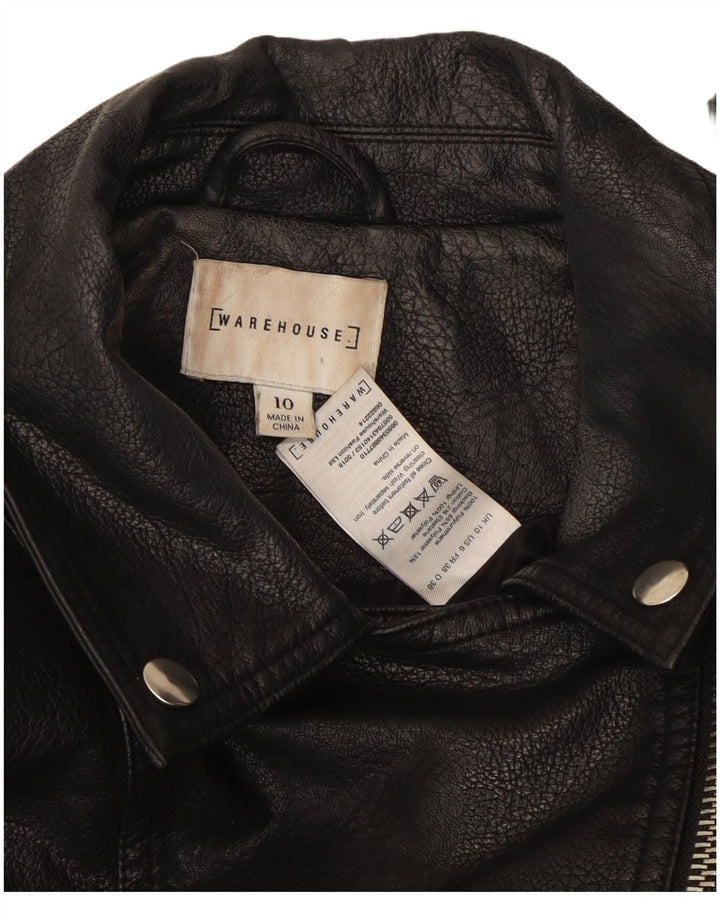 Warehouse Womens Faux Leather Biker Jacket UK 10 Small Black Polyurethane