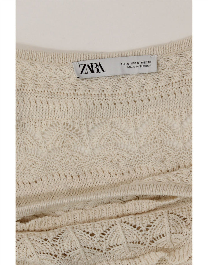 Zara Γυναικεία Crop Crochet Μπλούζα Top UK 10 Small Beige
