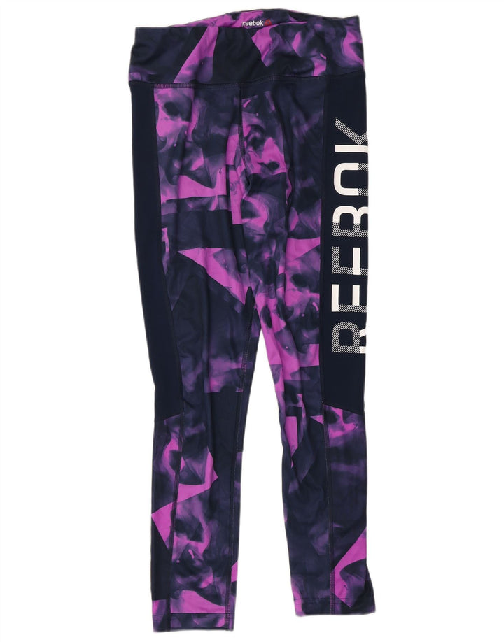 REEBOK Womens Graphic Leggings UK 12/14 Medium Navy Blue Geometric