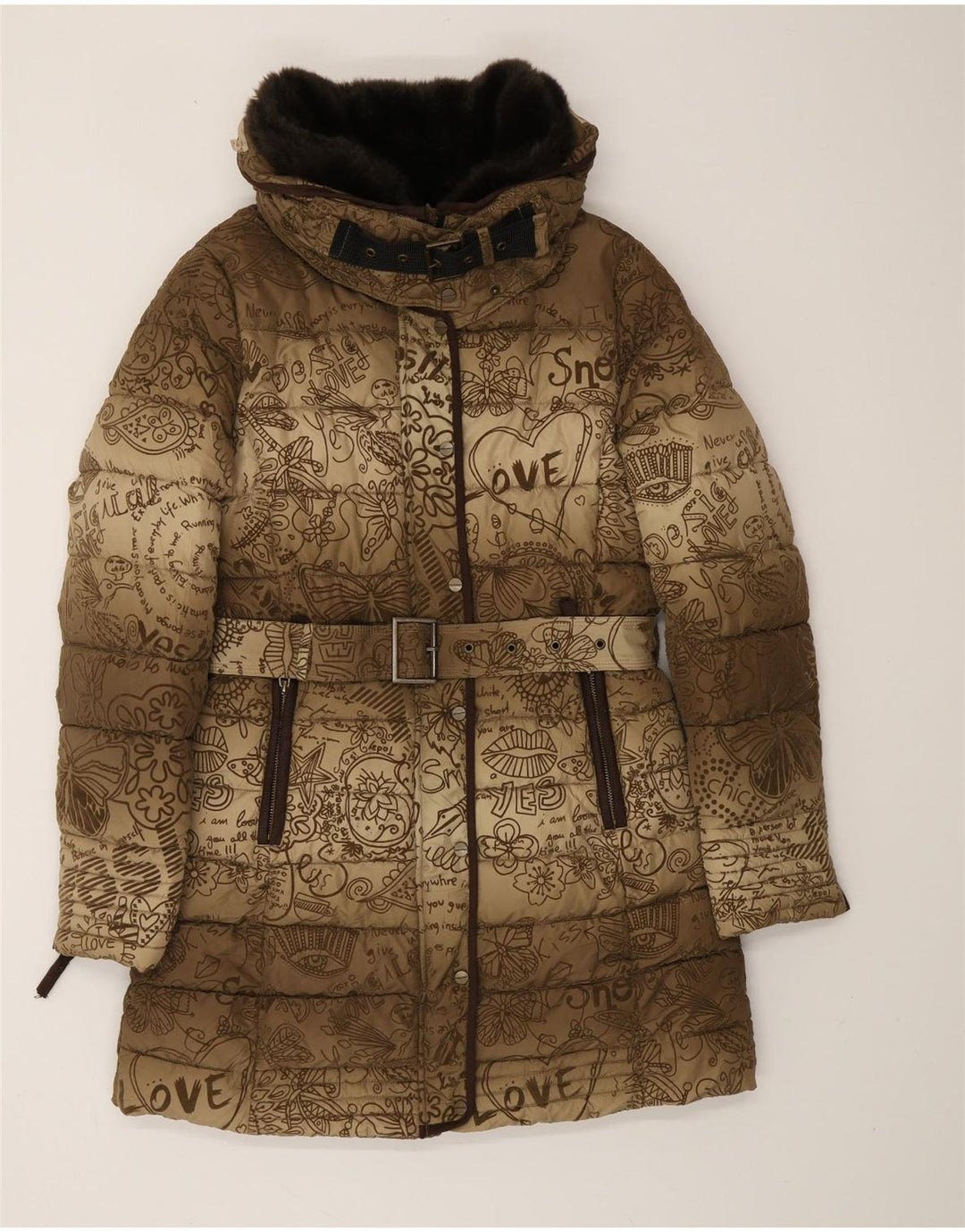 DESIGUAL Γυναικείο παλτό με γραφικό αφηρημένο σχέδιο EU 38 Μεσαίο καφέ