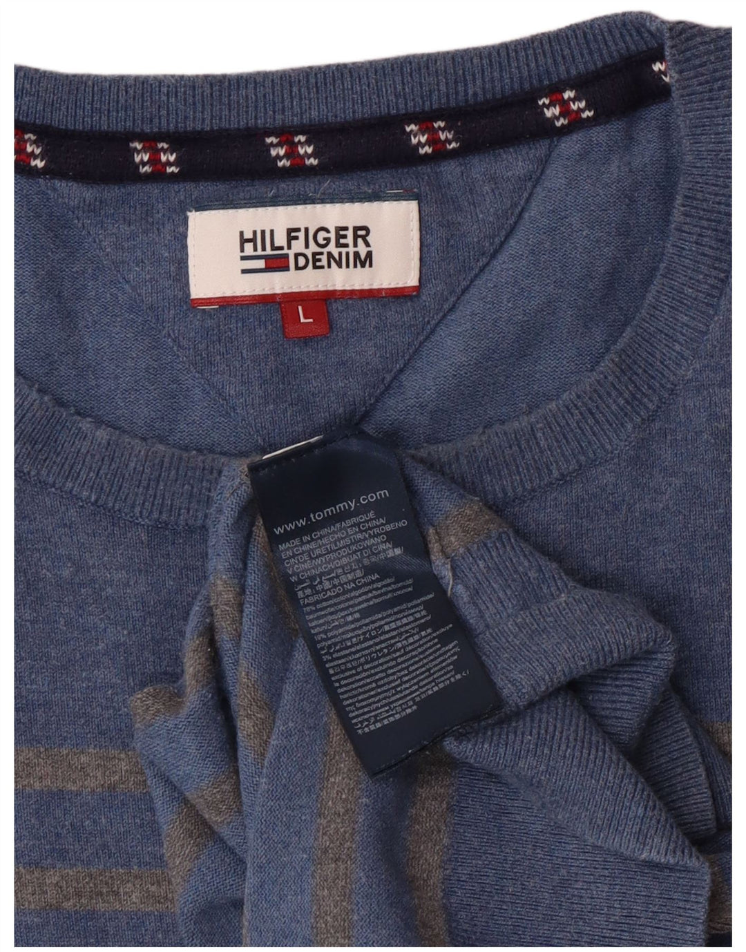 Tommy Hilfiger Ανδρικό πουλόβερ με λαιμόκοψη, μεγάλο μπλε βαμβακερό ριγέ
