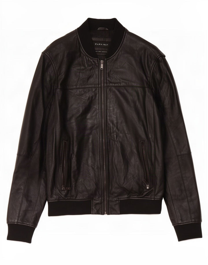 Zara Ανδρικό Δερμάτινο Μπουφάν UK 40 Large Μαύρο