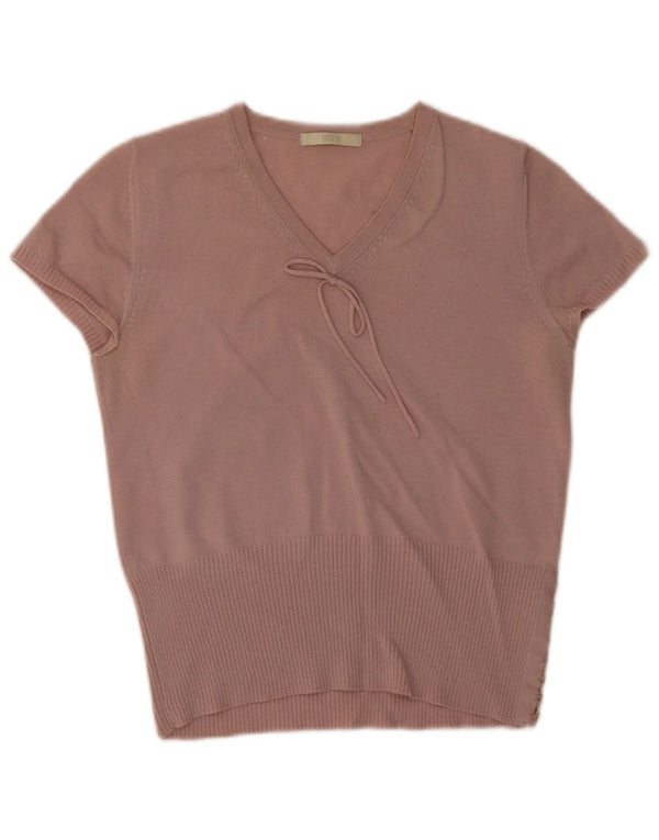 Marks & Spencer Womens Short Sleeve V-Neck Jumper Sweater UK 14 Large Pink