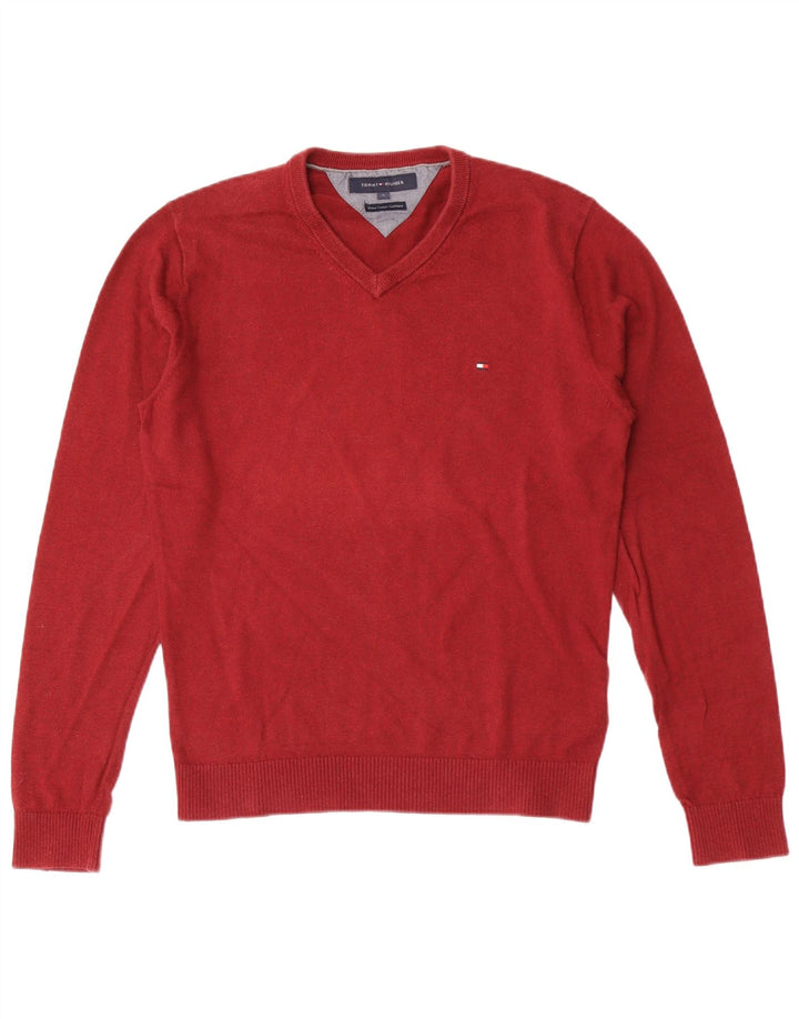 Ανδρικό πουλόβερ Tommy Hilfiger με V λαιμόκοψη, μικρό κόκκινο βαμβακερό