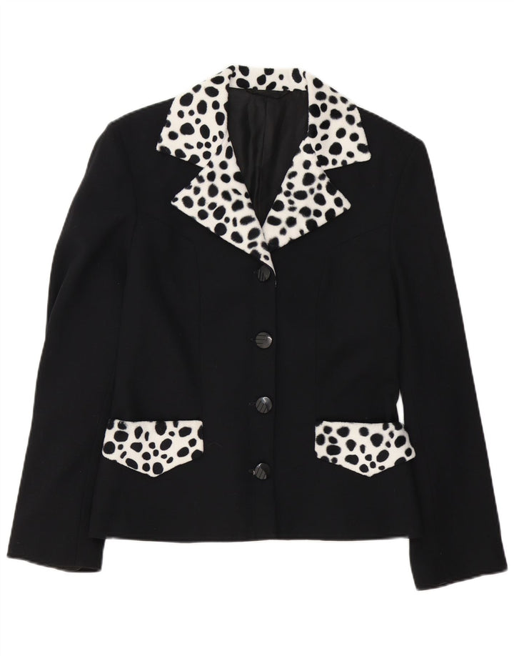 Vintage γυναικείο σακάκι με 4 κουμπιά blazer UK 14 Medium Black Animal print
