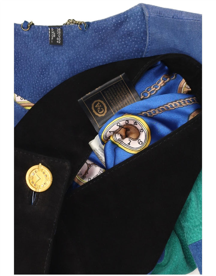 C & A Womens Crop Graphic Suede Jacket UK 12 Medium Blue Colourblock