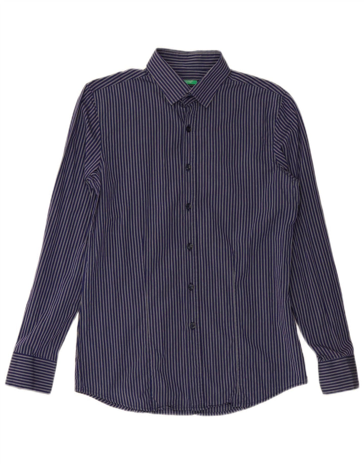 BENETTON Mens Shirt Medium Navy Blue Striped