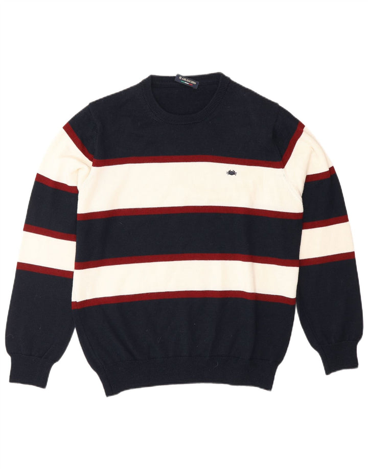 IL GRANCHIO Mens Crew Neck Jumper Sweater Small Navy Blue Striped