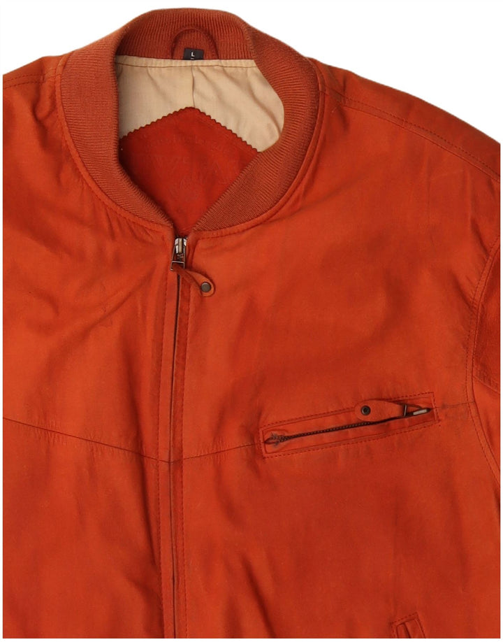 C&A Ανδρικό Δερμάτινο Bomber Jacket UK 40 Large Orange Leather