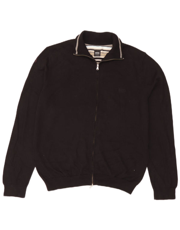 Ανδρικό πουλόβερ ζακέτα Hugo Boss Regular Fit, μεγάλο μαύρο βαμβακερό