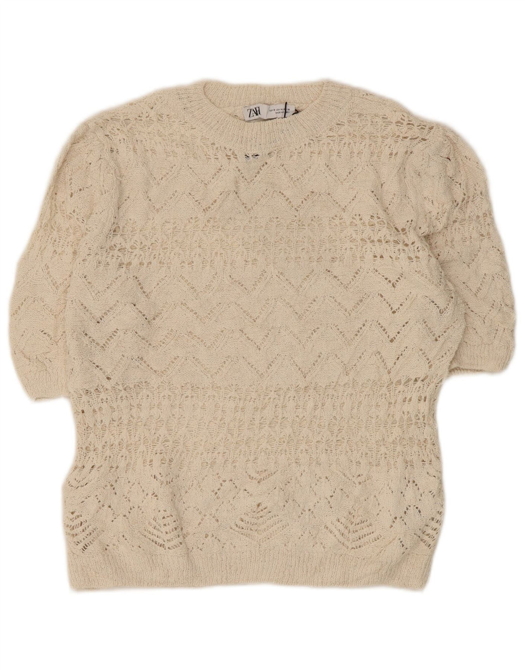 Zara Γυναικεία Crop Crochet Μπλούζα Τοπ UK 12 Medium Off White Polyester