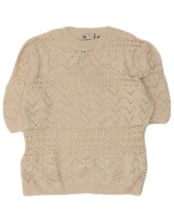 Zara Γυναικεία Crop Crochet Μπλούζα Τοπ UK 12 Medium Off White Polyester