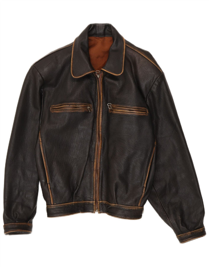 Vintage Ανδρικό Loose Fit Bomber Δερμάτινο Μπουφάν UK 38 Medium Black Leather
