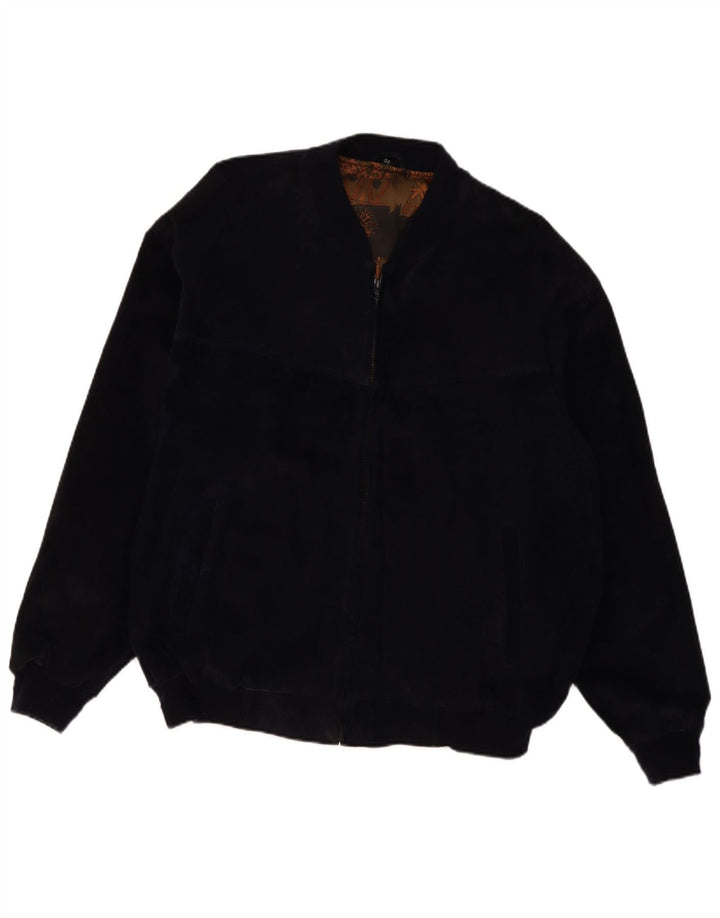VINTAGE Ανδρικό Suede Bomber Jacket IT 54 2XL Navy Blue Leather