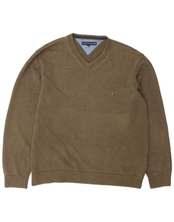 Ανδρικό πουλόβερ Tommy Hilfiger με V λαιμόκοψη XL Χακί βαμβακερό