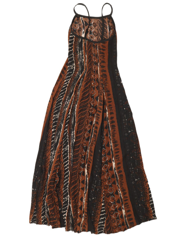 Vintage γυναικείο αμάνικο μάξι φόρεμα UK 12 μεσαίου καφέ γεωμετρική βισκόζη