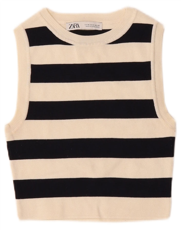 Zara Γυναικείο Αμάνικο Crop Top UK 12 μεσαία λευκή ριγέ βισκόζη