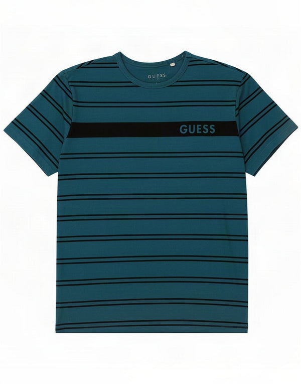 Guess Mens Graphic T-Shirt Top Large Blue Striped Cotton