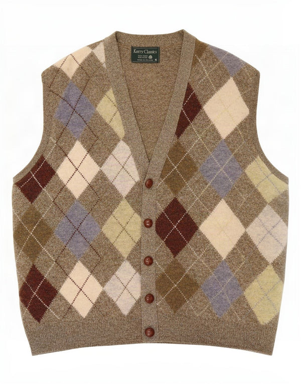 Kerry Mens Classics Sleeveless Cardigan Sweater XL Khaki Argyle/Diamond