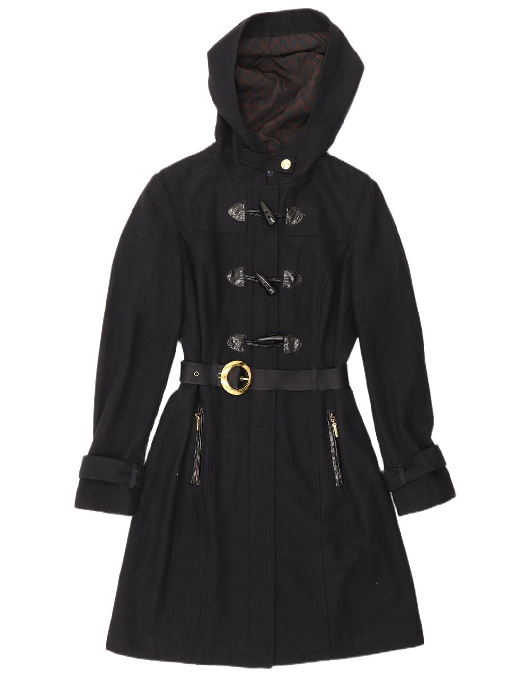 CARACTERE Γυναικείο παλτό Duffle με κουκούλα UK 10 Small Navy Blue Wool