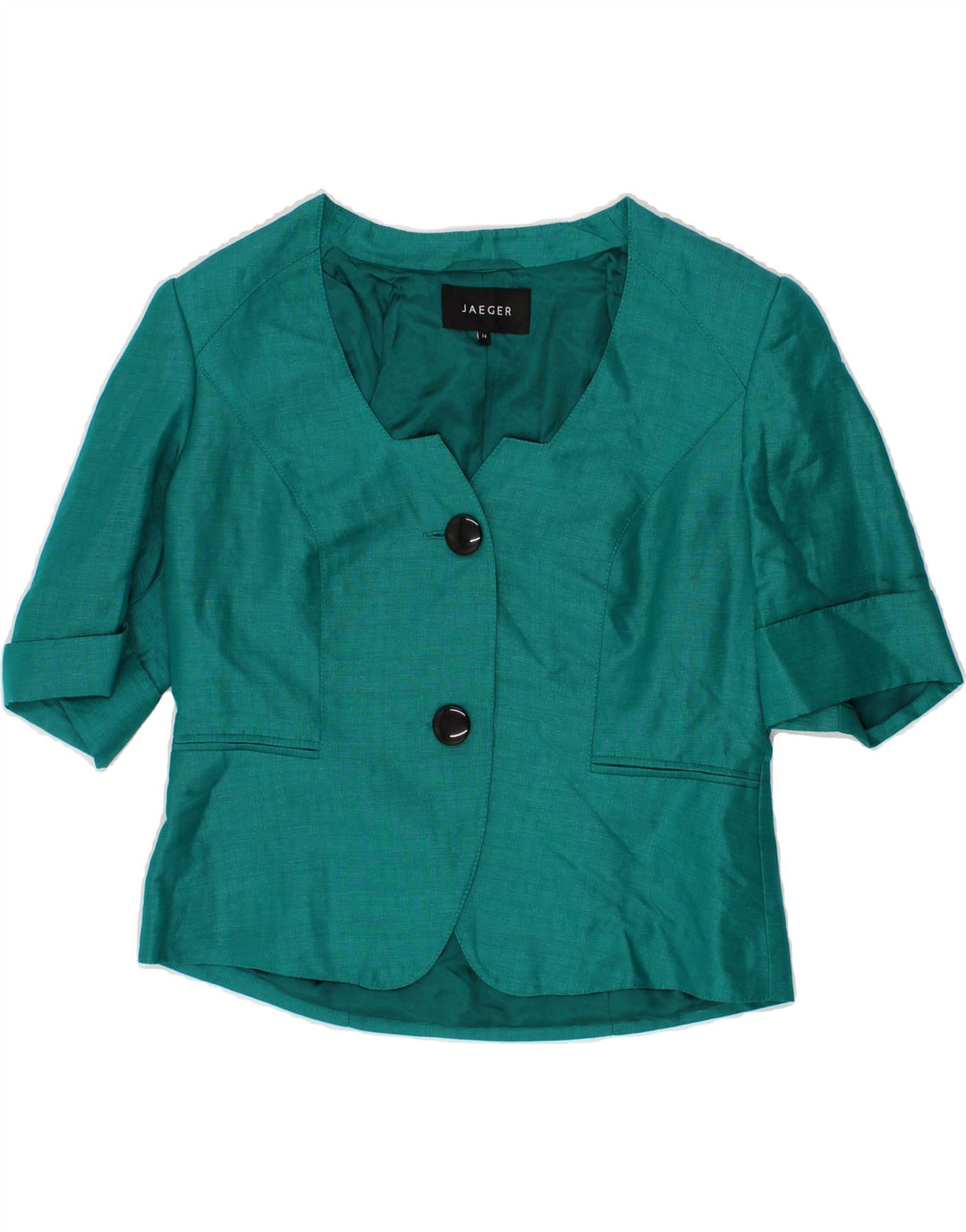 JAEGER Womens 2 Button Short Sleeve Blazer Jacket UK 14 Large Green Linen Vintage Jaeger and Second-Hand Jaeger from Messina Hembry 