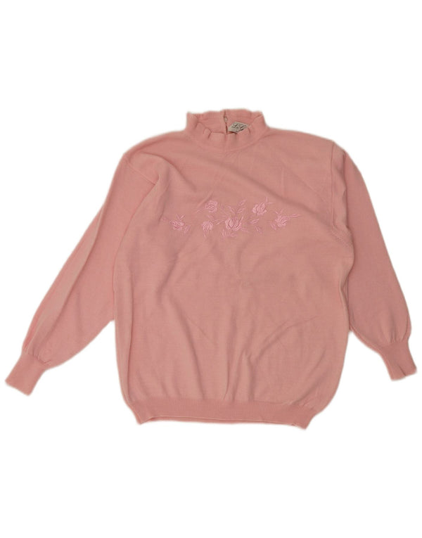 Vintage γυναικείο πουλόβερ με λαιμό χελώνα UK 12 Medium Pink Floral Retro