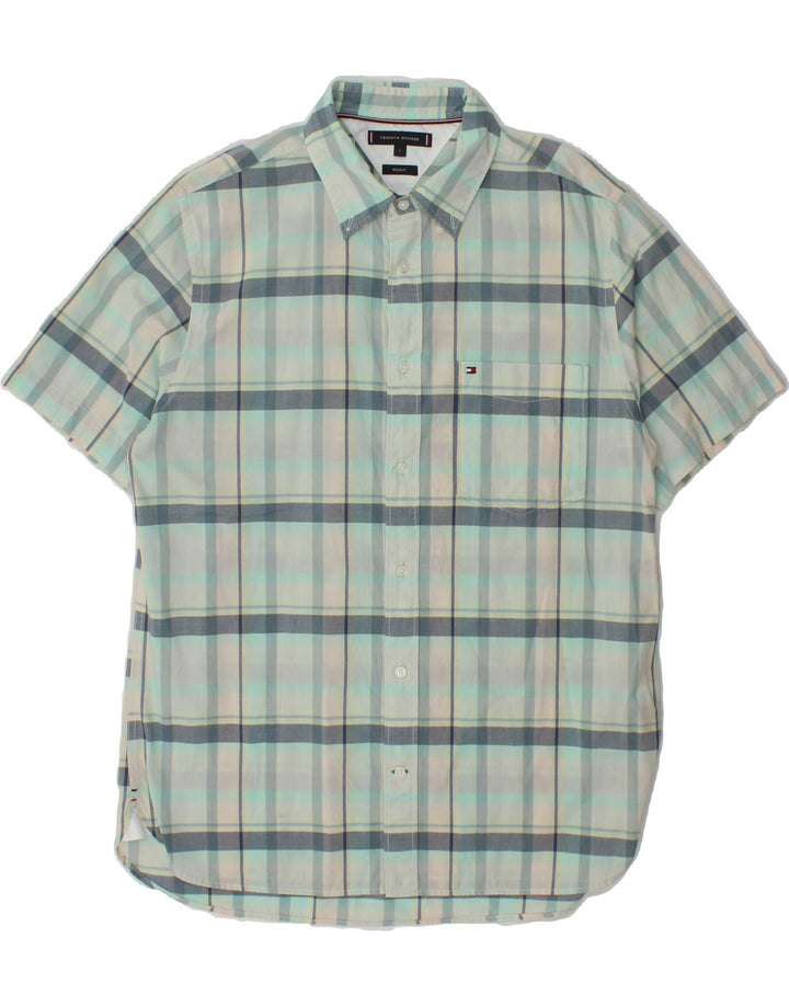 TOMMY HILFIGER Mens Regular Fit Short Sleeve Shirt Large Blue Check Vintage Tommy Hilfiger and Second-Hand Tommy Hilfiger from Messina Hembry 