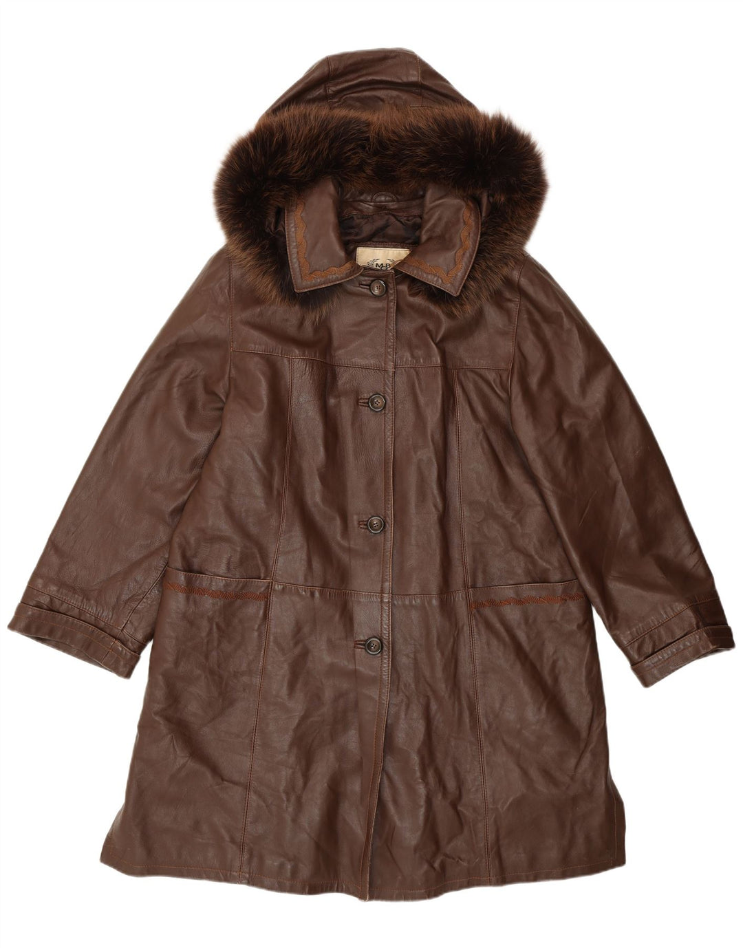 Vintage Γυναικείο με κουκούλα Loose Fit Δερμάτινο Παλτό IT 44 Δέρμα μεσαίου καφέ