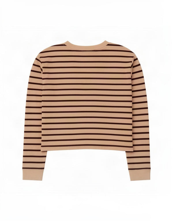 Zara Womens Crop Top Long Sleeve UK 14 Medium Beige Striped Cotton
