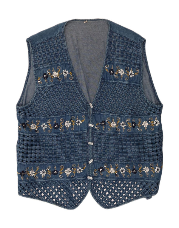 Vintage Womens Waistcoat UK 22 3XL Blue Floral Cotton