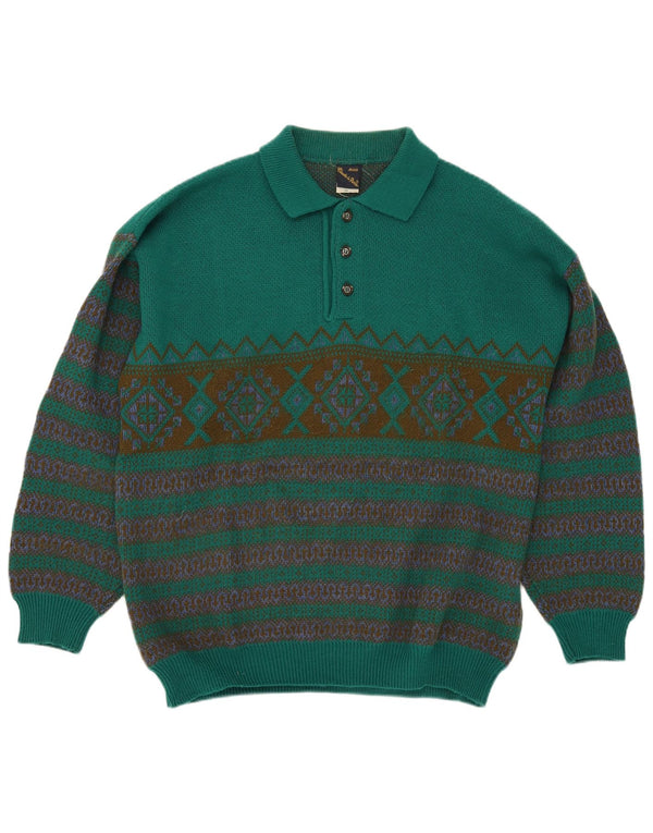 Claude De Pierre Mens Polo Neck Jumper Sweater XL Green Fair Isle Acrylic
